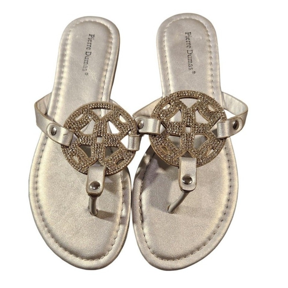 Pierre Dumas Sandals Shoes Womens Size 8 Rhinestone Medallion Thong Flat‎ Emblem